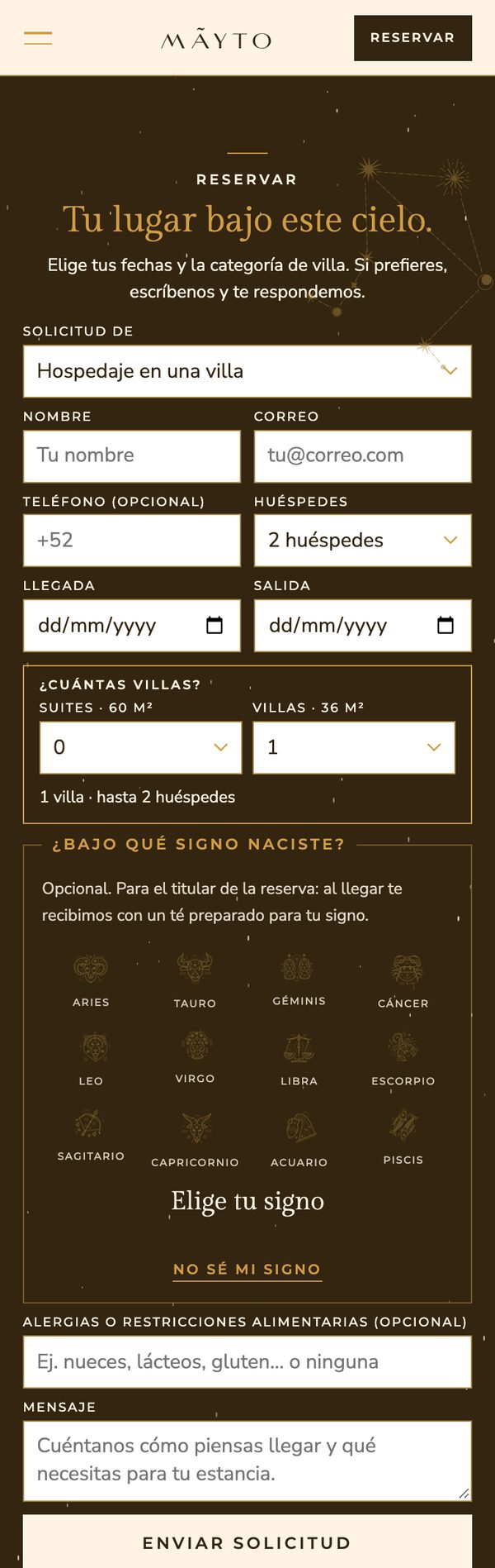 Formulario de reserva en celular